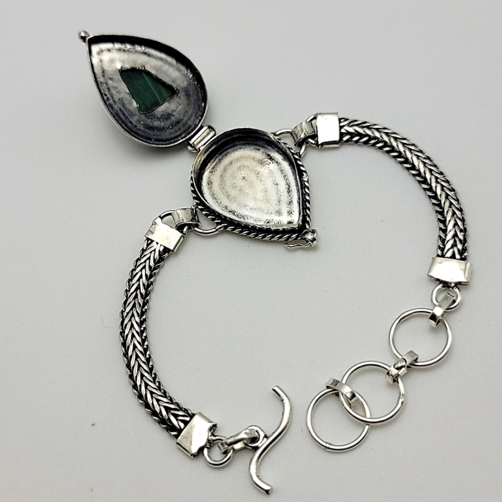 Malachite 925 Silver Plated Poison / Pill Box Bracelet 8.5" Natural Gemstone - Picture 5 of 8